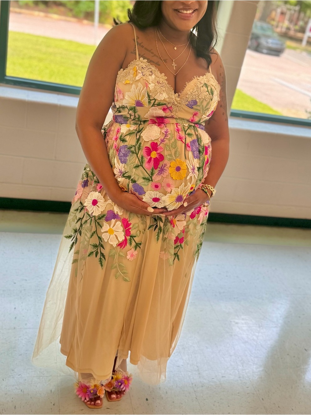 Floral Embroidered Beige Midi Dress with Spaghetti Straps